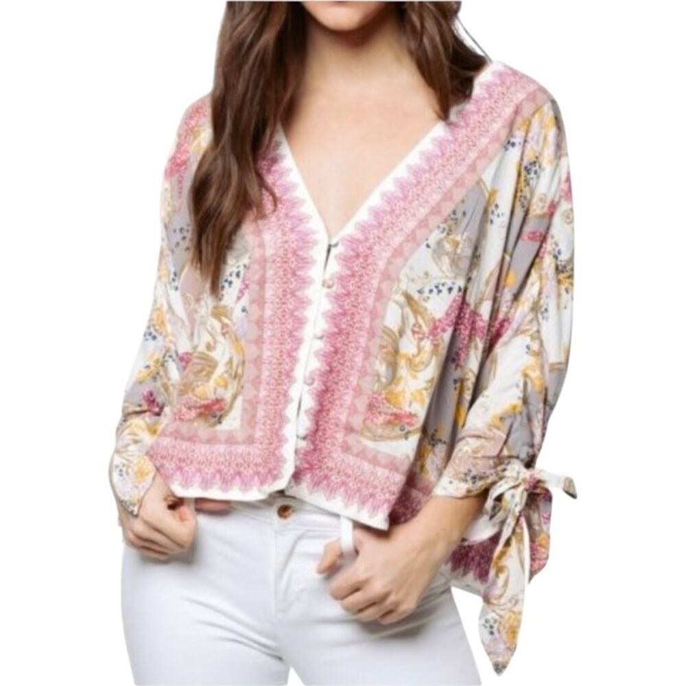 Free People Catch Me If You Can Pink Tie Sleeve Bohemian Top size XS
